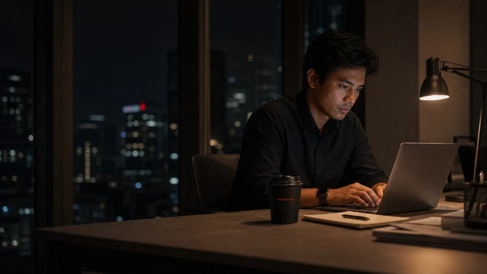 A focused professional working late beside a Nightshift cup in a city office